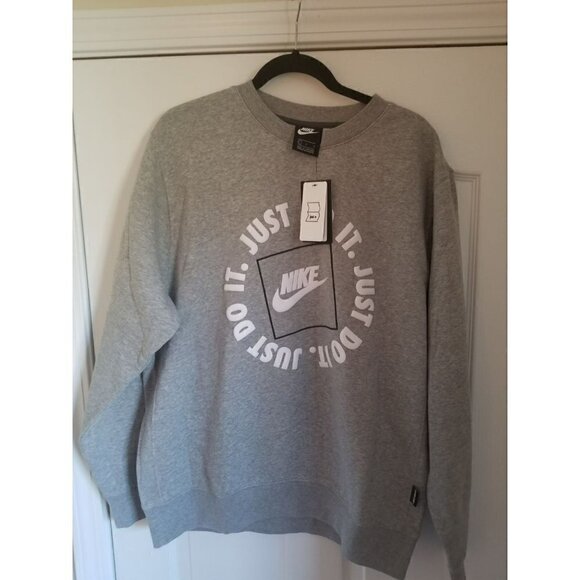 𝅺nike Just Do It Fleece Crew Men's Dark Grey Heather Sweatshirt - Picture 1 of 12